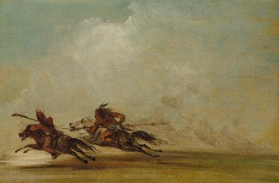 全速力でオーセージを突き刺すコマンチ族の戦士、1837～1839年。 作： George Catlin
