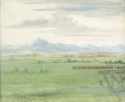 白旗を掲げてドラゴーンを迎えるコマンチ族の戦士たち 作： George Catlin