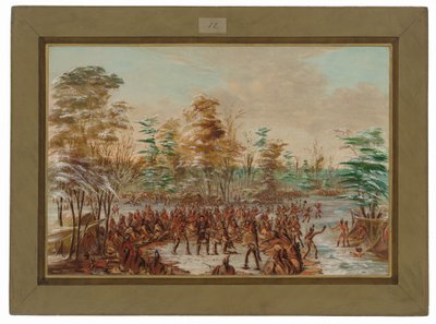 イロコイ村で平和を訴えるデ・トンティ。 1680年1月2日 作： George Catlin