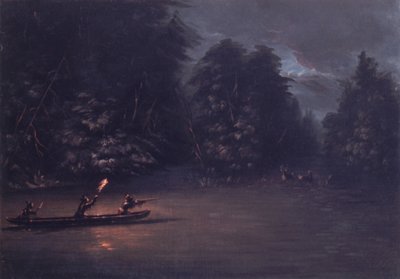 樹皮カヌーで松明を照らしながらの鹿狩り 作： George Catlin