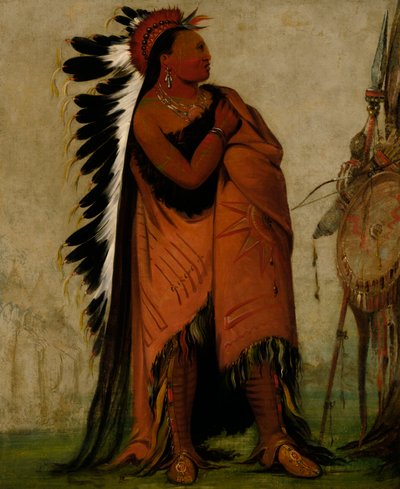 Eé-hee-a-duck-cee-a、前に髪を結ぶ彼、1832年。 作： George Catlin