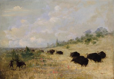 大草原の花の中で草を食むエルクとバッファロー（テキサス州 作： George Catlin