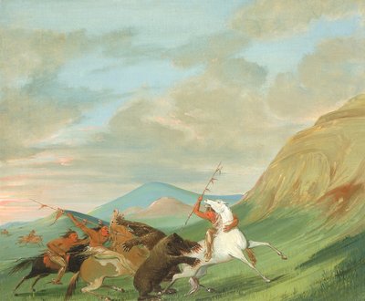 馬に乗ったインディアンを襲うグリズリーベア 作： George Catlin