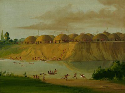 1832 年、セントルイスから 1810 マイル上、ナイフ川沿いの土に覆われたロッジ、ヒダーツァ ビレッジ。 作： George Catlin