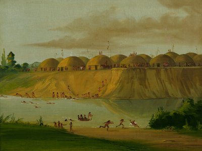 セントルイスから1810マイル上流、ナイフ川沿いのヒダツァ村、土で覆われたロッジ 作： ジョージ・カトリン