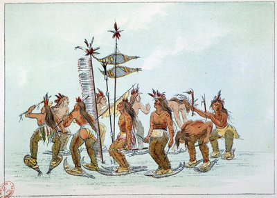 アメリカのインディアン。チップウェイ族の雪靴の踊り。ジョージ・カトリン（1794-1872）によるイラスト 作： George Catlin