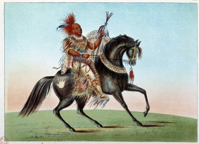 アメリカのインディアン。サックスとフォックスの部族のインディアンの酋長の騎馬像。ジョージ・カトリン（1794-1872）によるイラスト 作： George Catlin