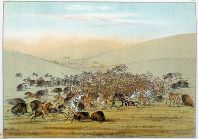 アメリカのインディアン：槍を持ってバッファローを狩るインディアンのミニアタレ。ジョージ・カトリン（1794-1872）によるイラスト 作： George Catlin