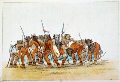 アメリカのインディアン。水牛の頭のトロフィーを頭に乗せたマンダン族の戦士たちの会合。ジョージ・カトリン（1794-1872）によるイラスト 作： George Catlin
