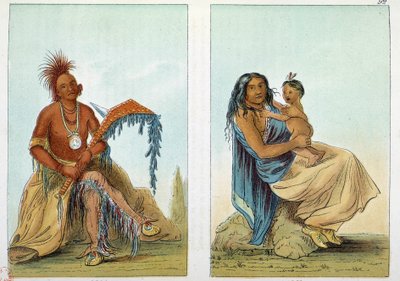 アメリカのインディアン。オーセージ族のリーダーが妻と息子と一緒にクレモントを呼んでいる肖像。ジョージ・カトリン（1794-1872）によるイラスト 作： George Catlin