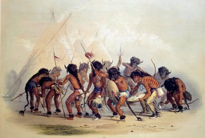 バッファローダンスをしているアメリカインディアン。ジョージ・カトリンによるリトグラフ 作： George Catlin