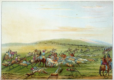 アメリカのインディアン：馬と犬を連れたインディアンの部族。ジョージ・カトリン（1794-1872）によるイラスト 作： George Catlin