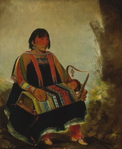 Jú-ah-kís-gaw、ゆりかごに子供を抱く女性、1835 年。 作： George Catlin