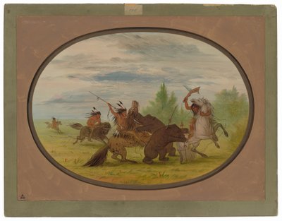 2頭のハイイログマを襲うクニステヌーインディアン 作： George Catlin