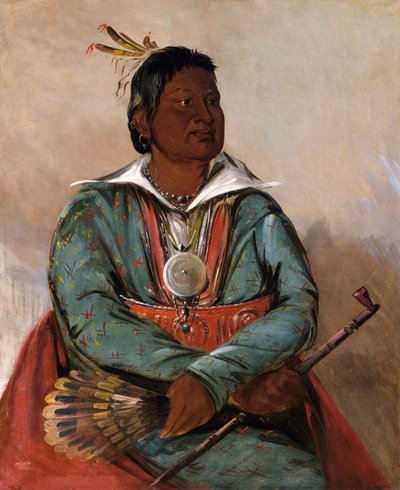 Mó-sho-la-túb-bee, 出し殺しの者、部族長、1834 年。 作： George Catlin