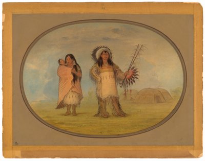 マンダンシビルチーフ、彼の妻と子供 作： George Catlin
