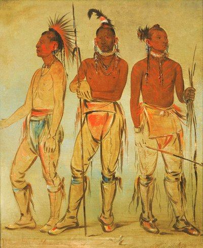 Mun-ne-pús-kee、恐れていない彼、Ko-ha-túnk-a、Big Crow、Nah-com-ee-shee...、1834. 作： George Catlin