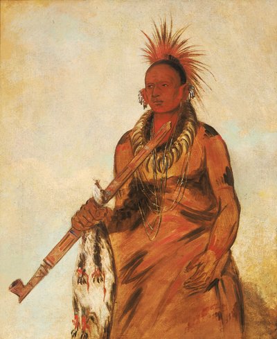 No-o-mún-nee、雨の中を歩く、戦士、1832. 作： George Catlin