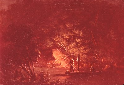 トーチライトによるオジブウェ スピアリング サーモン、1846～1848 年。 作： George Catlin
