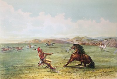 野生の馬を捕まえるオーセージのハンターたち（カラーリトグラフ 作： George Catlin