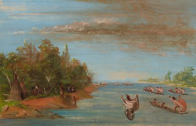 カヌーでセーリングするサックとフォックス 作： George Catlin