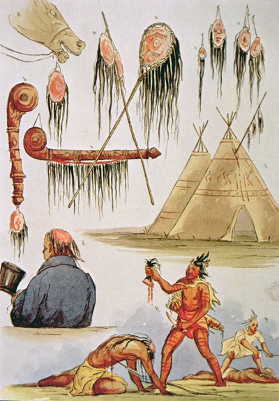 スキャルピングとスキャルプの装飾的使用（紙に水彩 作： George Catlin