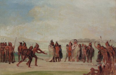 リングとポールで遊ぶマンダンのゲーム、チュンキー 作： George Catlin