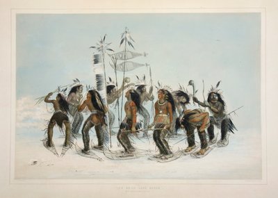 スノーシューダンス、パブ。 1845年カラーリトグラフ。 作： George Catlin