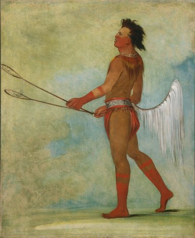 ボールプレイヤーの服を着て、石のジュースを飲むタル・ロック・チッシュ・コー 作： George Catlin
