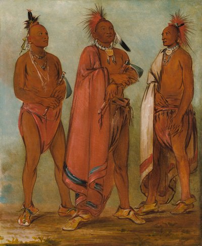 Wa-másh-ee-sheek「奪う者」、Wa-chésh-uk「戦争」、Mink-chésk「3人の優秀な若者たち」。 作： George Catlin