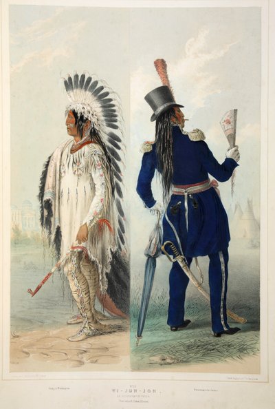 アサシンボインの酋長、パブのウィ・ジュン・ジョン。 1845年カラーリトグラフ。 作： George Catlin