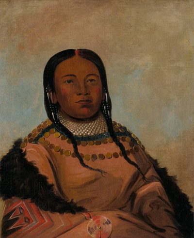 Wi-lóoh-tah-eeh-tcháh-ta-máh-nee、マーチングで触れる赤いもの、ブラックロックの娘 作： George Catlin