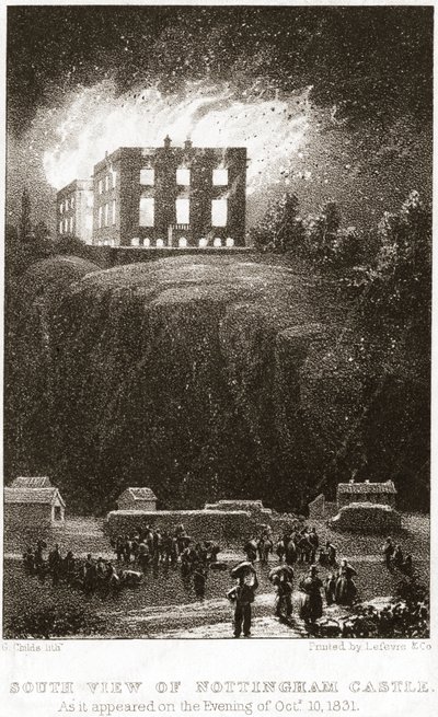 燃えているノッティンガム城、南から見た、1831 年 作： George Childs