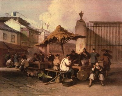 サン・ドミンゴ教会の外で食事をする中国人のグループ 作： George Chinnery