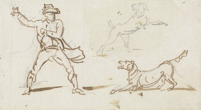 犬にボールを投げる男（紙にペンとグラファイト） 作： George Chinnery