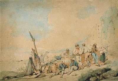 壁の近くの数字と海岸のシーン 作： George Chinnery