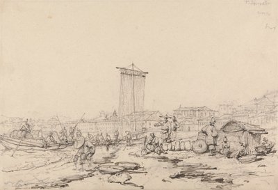漁師と建物のある海岸の風景、マカオ 作： George Chinnery