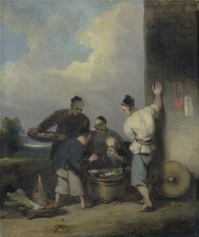 1825年以降の食品ベンダーの屋台の周りのクーリー（キャンバスに油彩） 作： George Chinnery