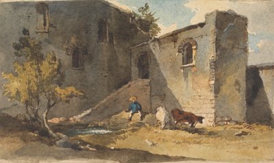 建物の影に牛が立っている図 作： George Chinnery