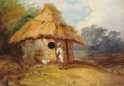 1815年頃、小屋の外に戦士がいる南インドの風景 作： George Chinnery
