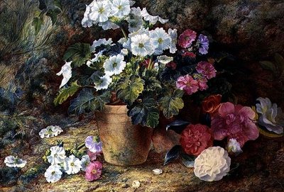 ペラルゴニウムの鉢植えと椿の静物画 作： George Clare