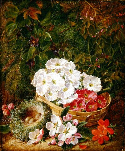 鳥の巣、バスケットの中のプリムラ、リンゴの花の静物画 作： George Clare