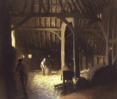 働く少年たちのいる納屋の内部 作： George Clausen