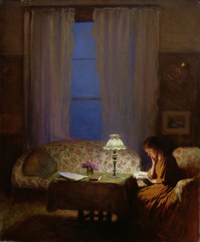 ランプの明かりで読む（トワイライト：インテリア）（キャンバスに油彩） 作： George Clausen