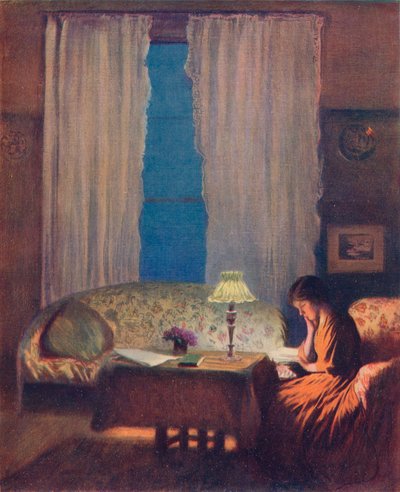 ランプライトミステリーによる読書：インテリア、1909年 作： George Clausen