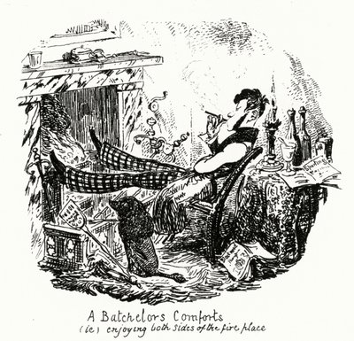 暖炉の両脇で楽しむバチェラーのカンフル剤(笑)(エングレービング) 作： George Cruikshank