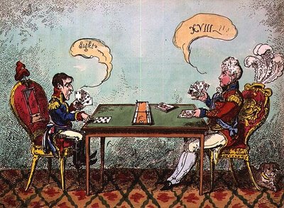 「クリベッジまたはボニーの最後のシャッフルのゲーム」ジョージ・クルックシャンク作、1814 年 6 月 6 日 (彫刻) 作： George Cruikshank