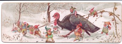 捕らえられた七面鳥を先導する悪意あるエルフたちのヴィクトリア朝のクリスマスカード（1895年頃）（カラーリトグラフ 作： George Cruikshank