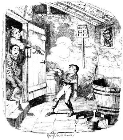 19世紀、男が盗んだ疑いのある少年を撃ちます。 作： George Cruikshank