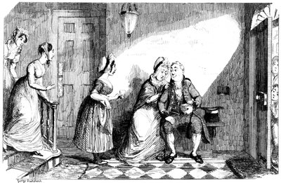 19世紀の貧しい男性に多くの女性が参加しています。 作： George Cruikshank